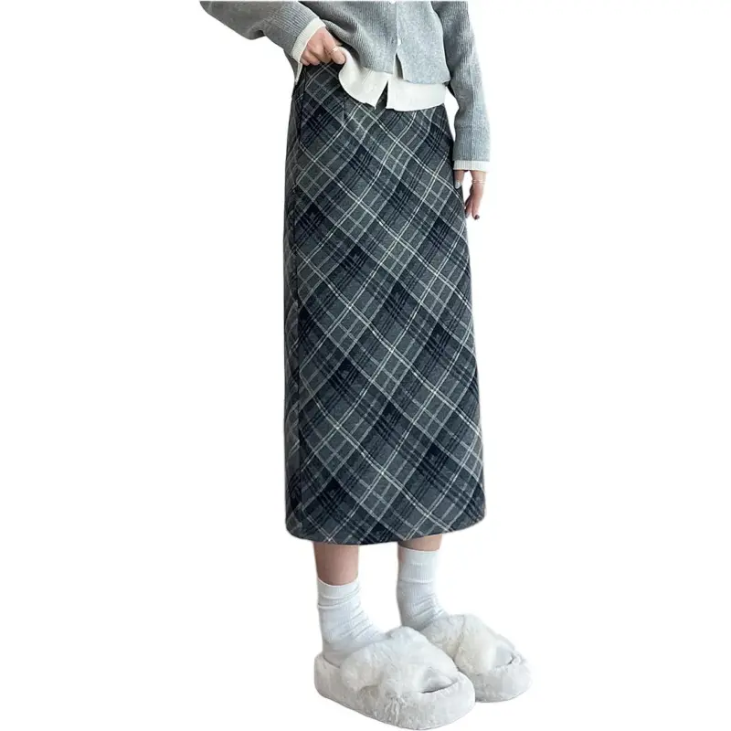 MM Casual Long Skirts Women's Blue Plaid-3