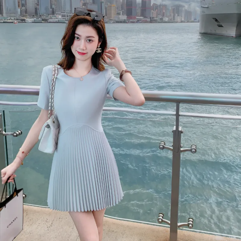 Fish Rabbits Short Sleeved Dress Women's Light Blue-4