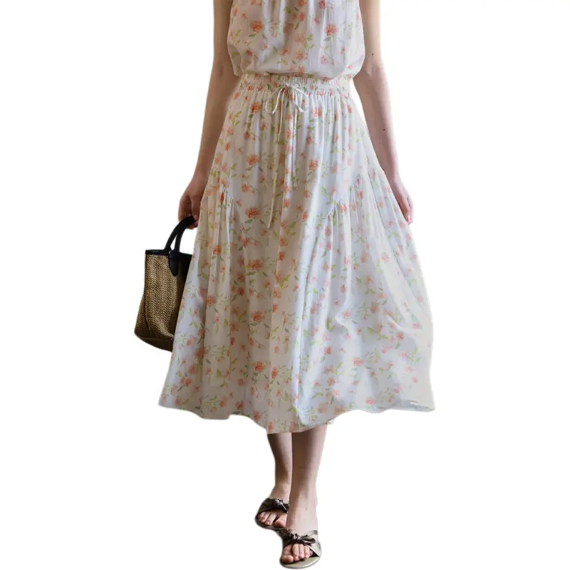 SOLIGHTER Casual Long Skirt Women's Watercolor Flower-1