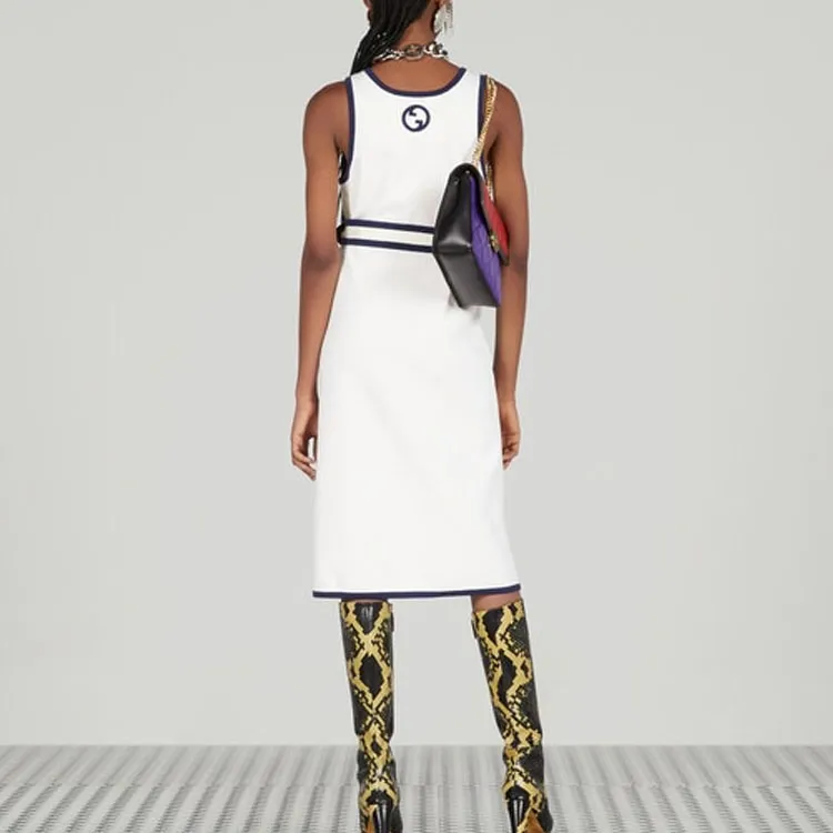 GUCCI Sleeveless Belted Dress White/Navy-3