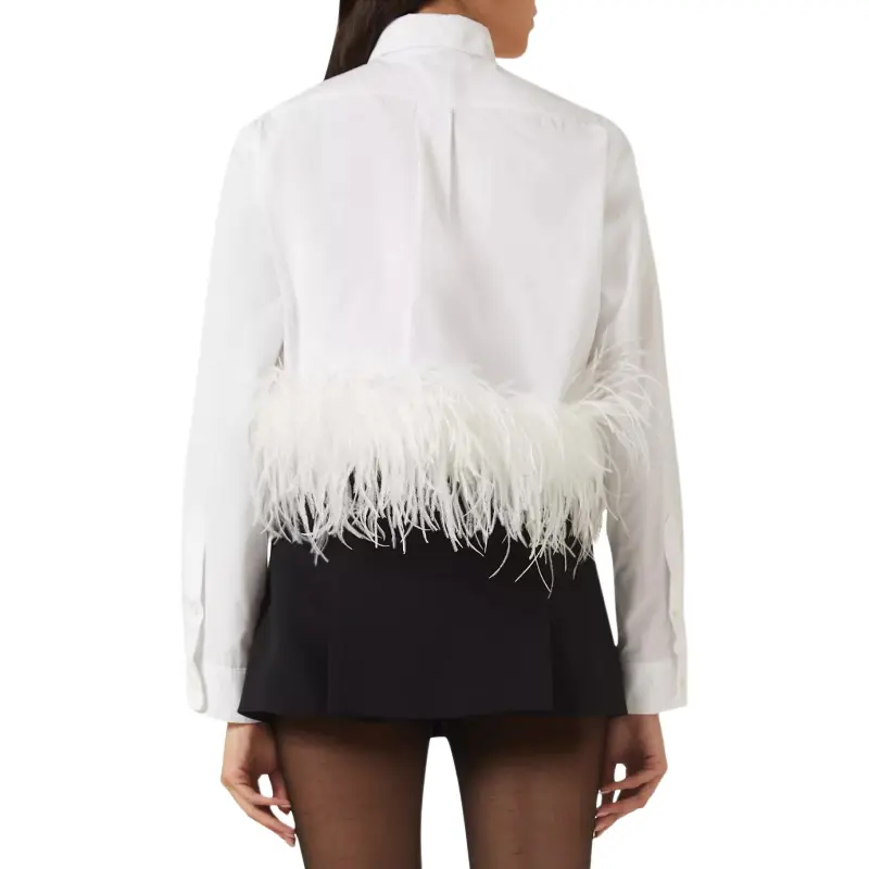 MIU MIU Button Up Cropped Feather Trim Shirt-5
