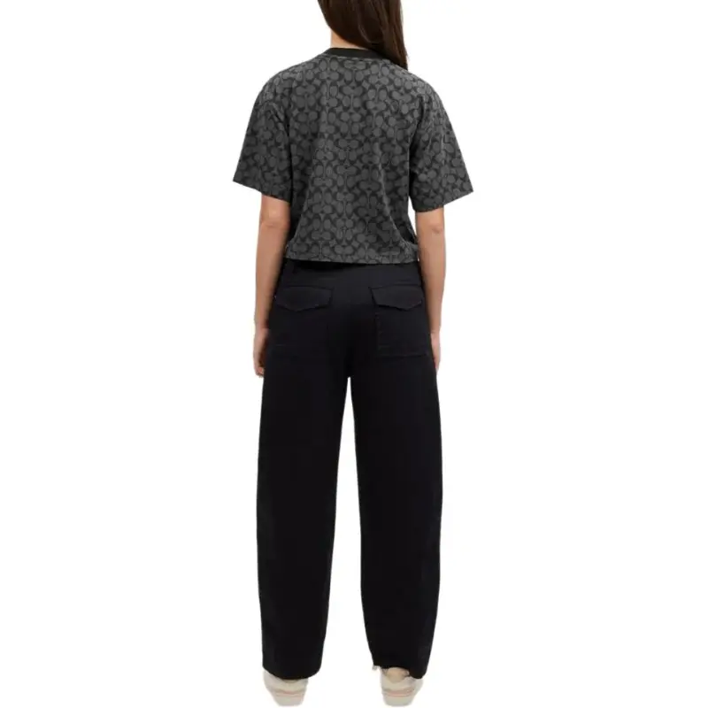 COACH Letter Logo All Over Print Casual Crew Neck Cropped Short Sleeved T Shirt Women's Mixed Black-2