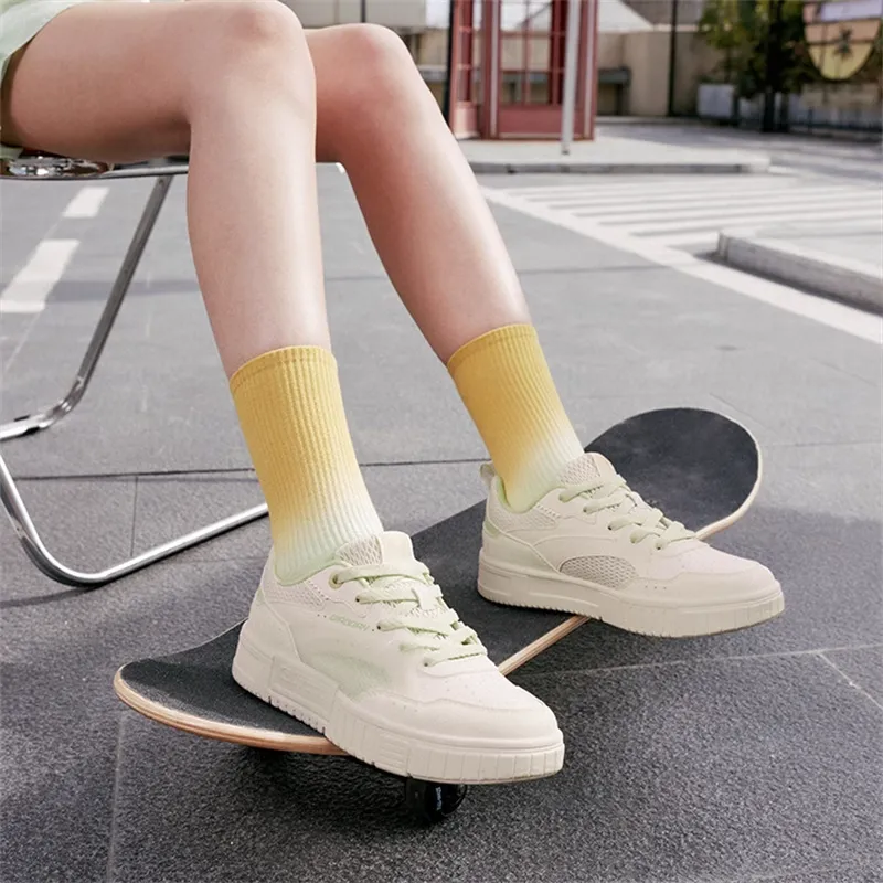 QIAODAN Dry Abrasion Resistant Breathable Low Top Skateboard Shoes Women's White Green-2