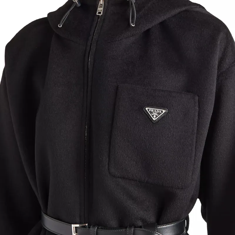 PRADA Logo Plaque Zipped Hooded Coat-4