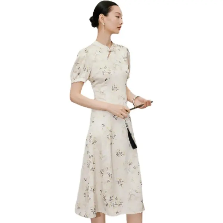 Hopeshow Short-Sleeved Dresses Women's Beige Base With Flowers-4