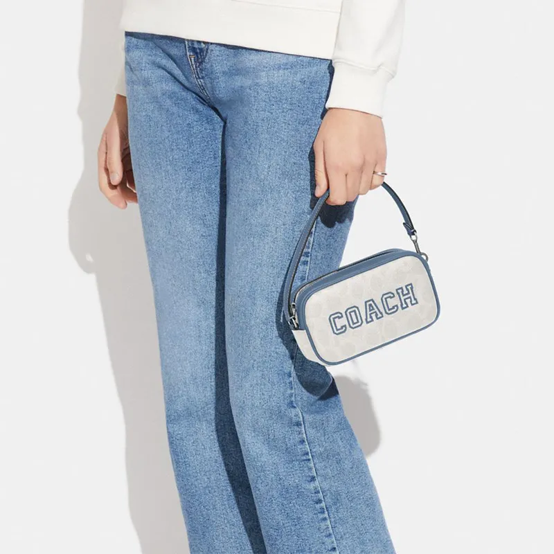 COACH Jamie Artificial Leather Wrist Bag Clutch Handbag Small Size Women's Chalk White & Indigo-3