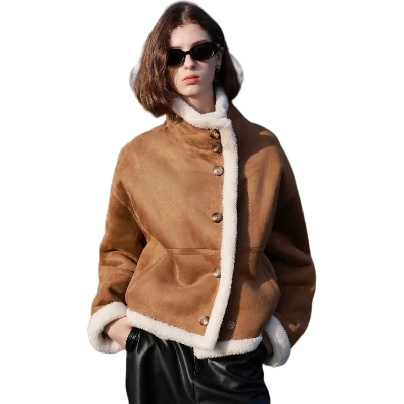 3COLOUR Velvet feel Coat Women's Khaki-2