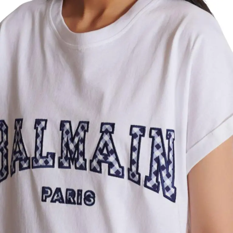 BALMAIN Checked Letter Crewneck T Shirt-5