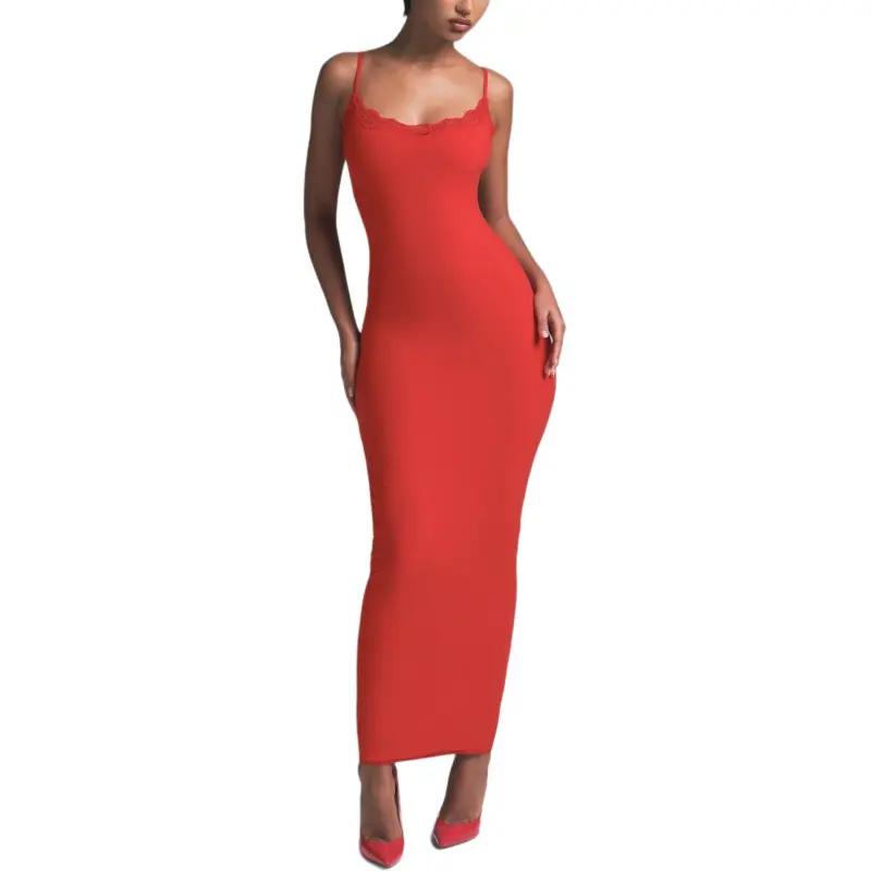 SKIMS Valentine's Day Collection SS25 FITS EVERYBODYLACE LONG SLIP DRESS Slip Dress Women's CAYENNE/Cayenne-1