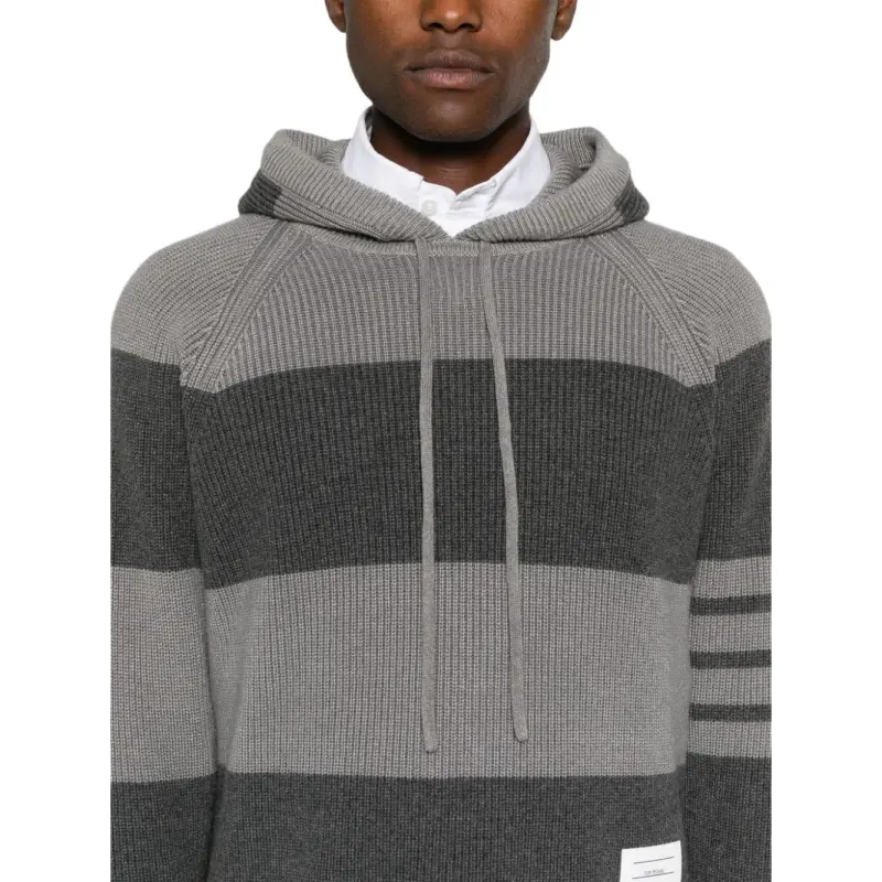 THOM BROWNE 4 Bar Striped Knitted Drawstring Hoodie-5