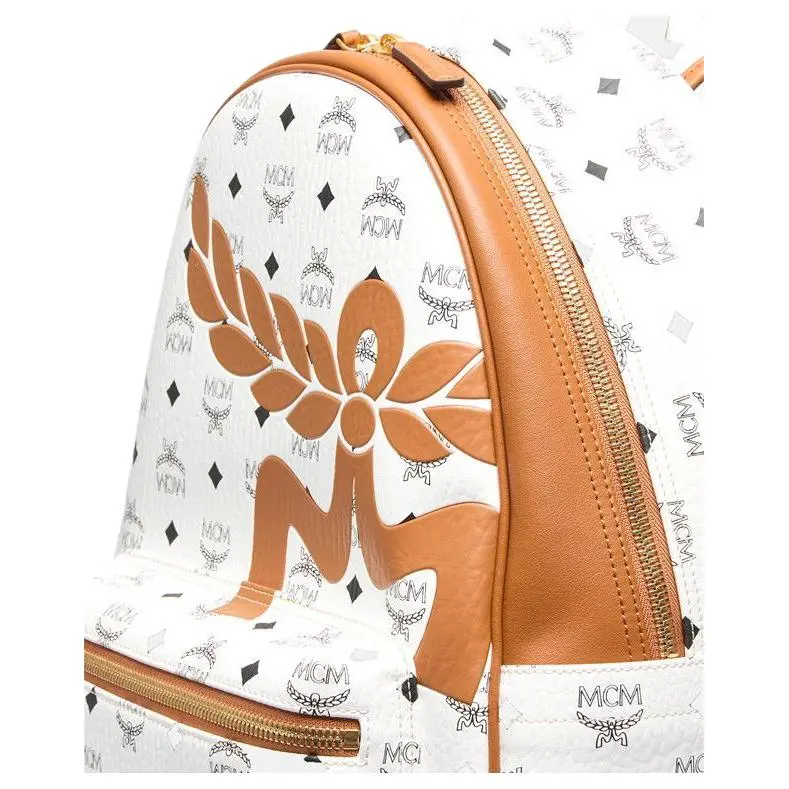 MCM Stark Visetos Leather Backpack Medium Size Unisex White-3
