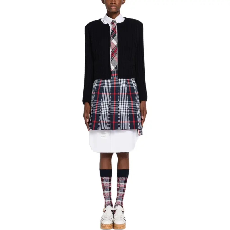 THOM BROWNE Checked Pleated Asymmetrical Skirt-2