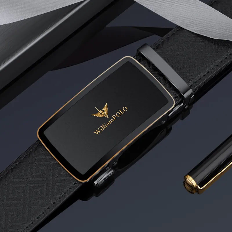 WilliamPOLO Cow Leather Leather Belts Men's Gunmetal Buckle Gold Logo 3.5cm Width-5