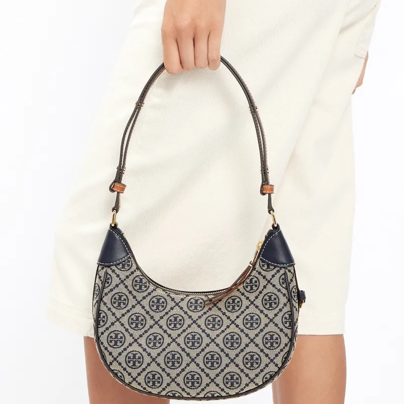 TORY BURCH T Monogram Leather Crescent Bag Handbag Shoulder Bag Women's Marine Blue-4