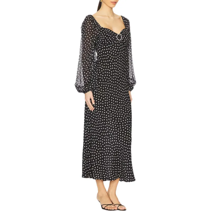 Rixo Spot Printed Sweetheart Neck Midi Dress-2