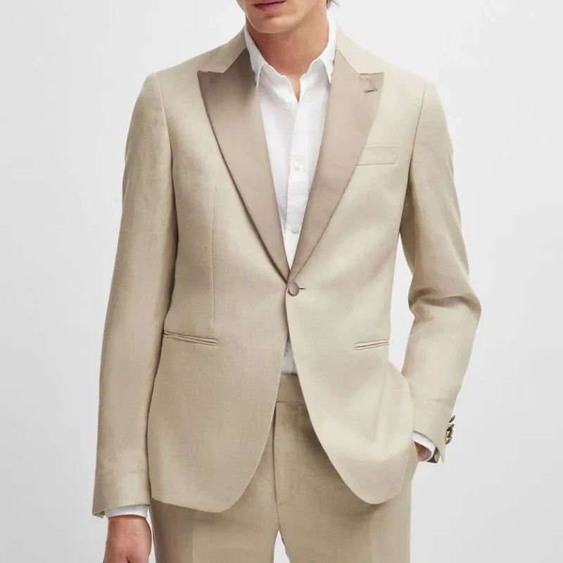 HUGO BOSS Slim-Fit Tuxedo In Micro-Patterned Linen Business Suits Men's Brown-1