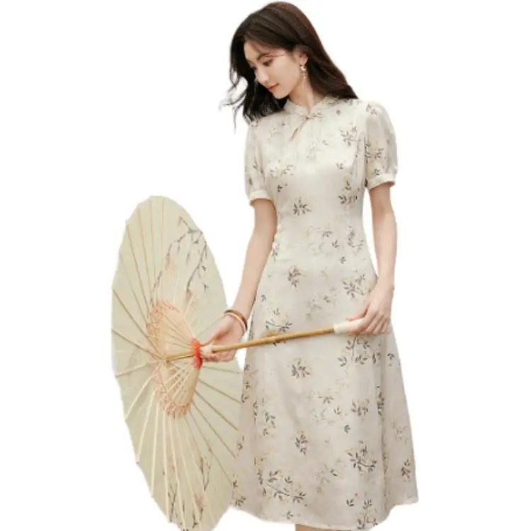 Hopeshow Short-Sleeved Dresses Women's Beige Base With Flowers-6