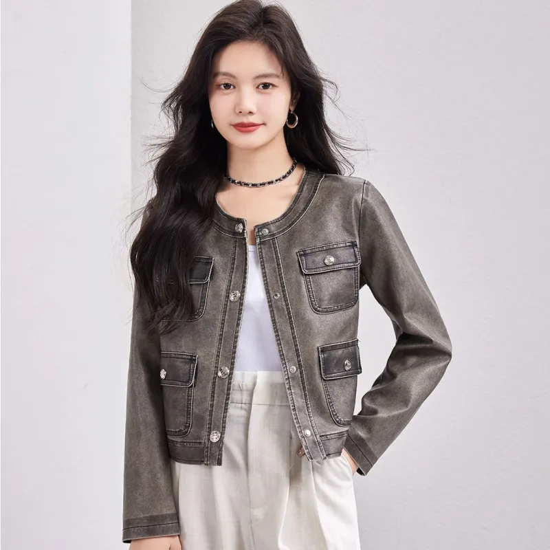 CARBAMMI Leather Jacket Women's Gray-7