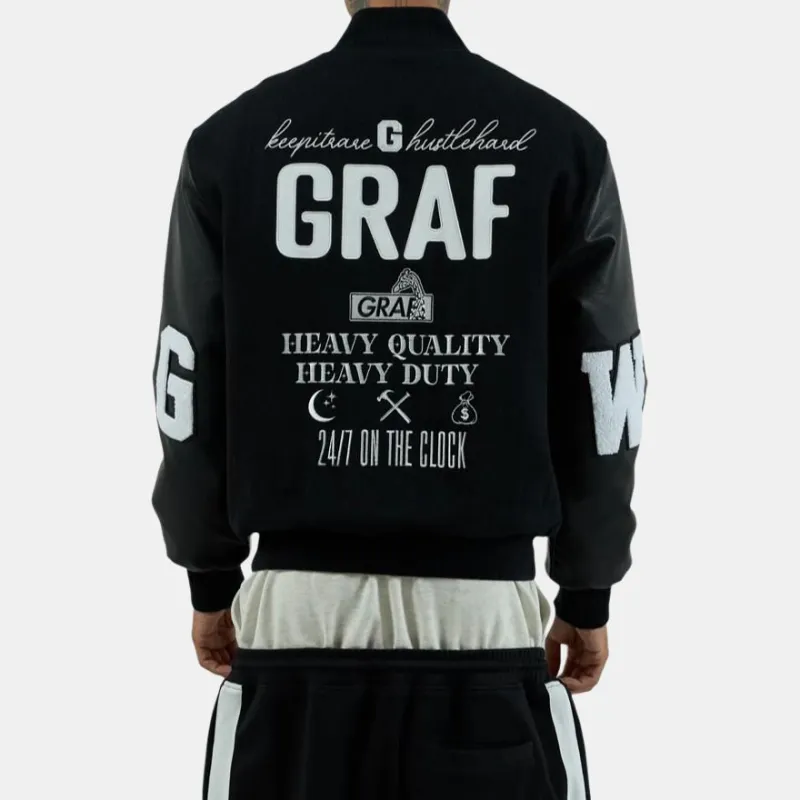 GRAF Jacket Men's HQHD Black Leather Sleeves Woolen Baseball Jackets-4