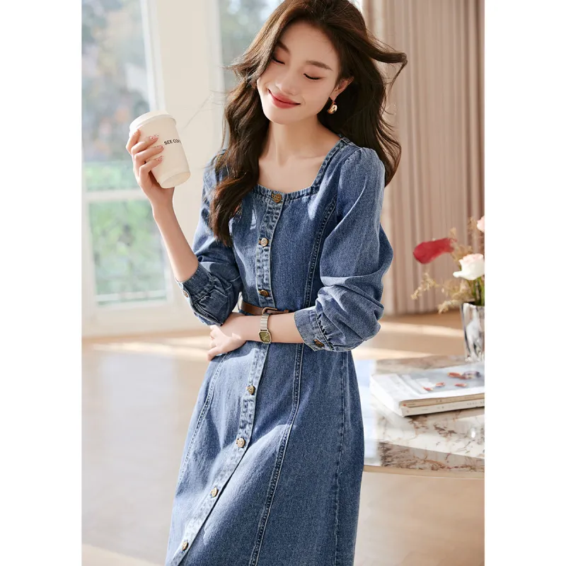 Mo Han Yi Mei Long Sleeved Dress Women's Denim Blue-4