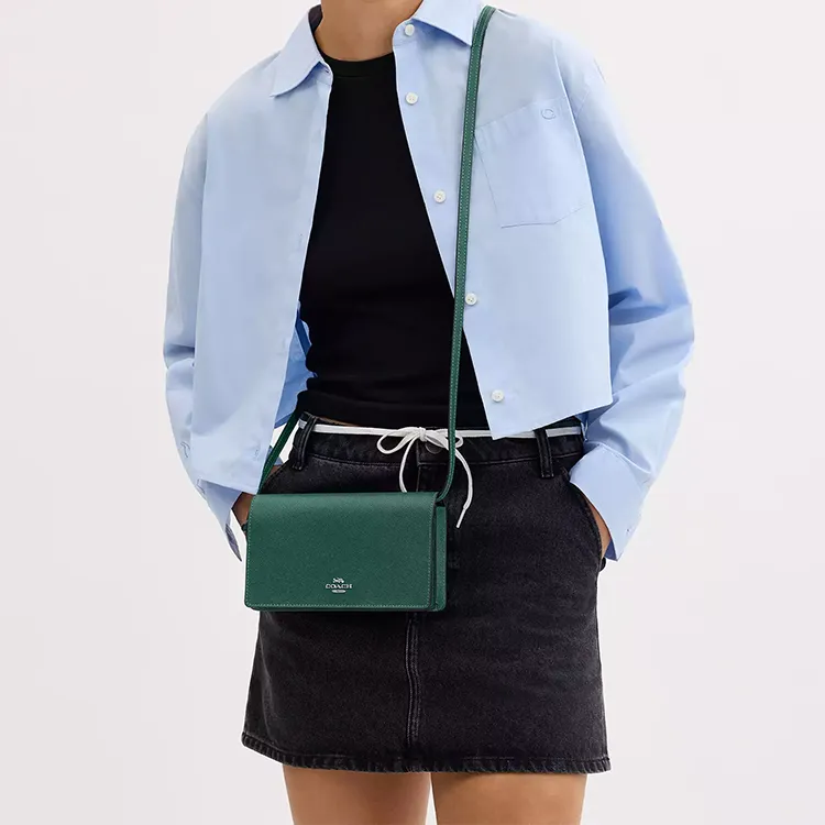 COACH Anna Cross Grain Leather Clutch, Crossbody Bag, Shoulder Bag Trumpets Women's Green-3
