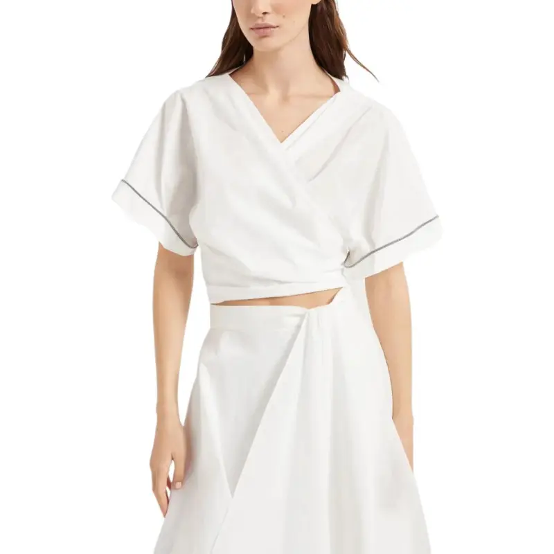 Brunello Cucinelli Shiny Trim Poplin Kimono Style Top-2