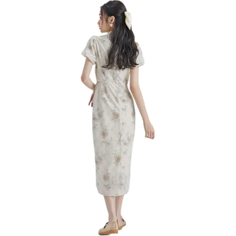 DEAR DEER PUFF Short Sleeved Dress Women's Long Cheongsam-2