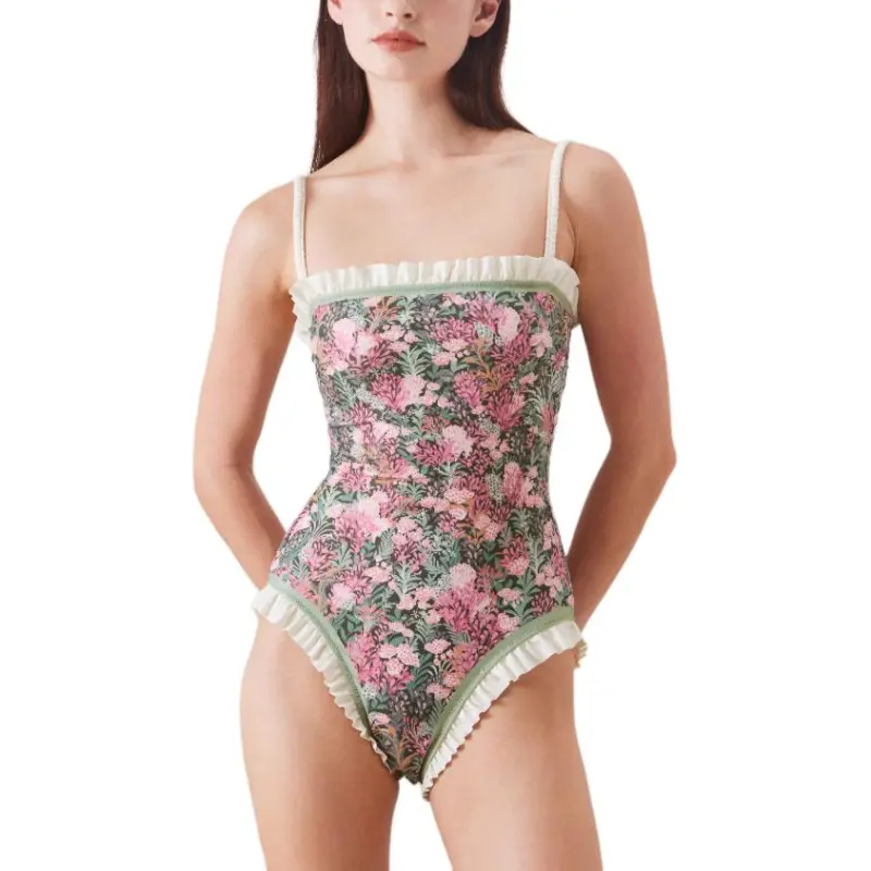 Visual Mood One piece Swimsuit Women's Green Pink Floral-1