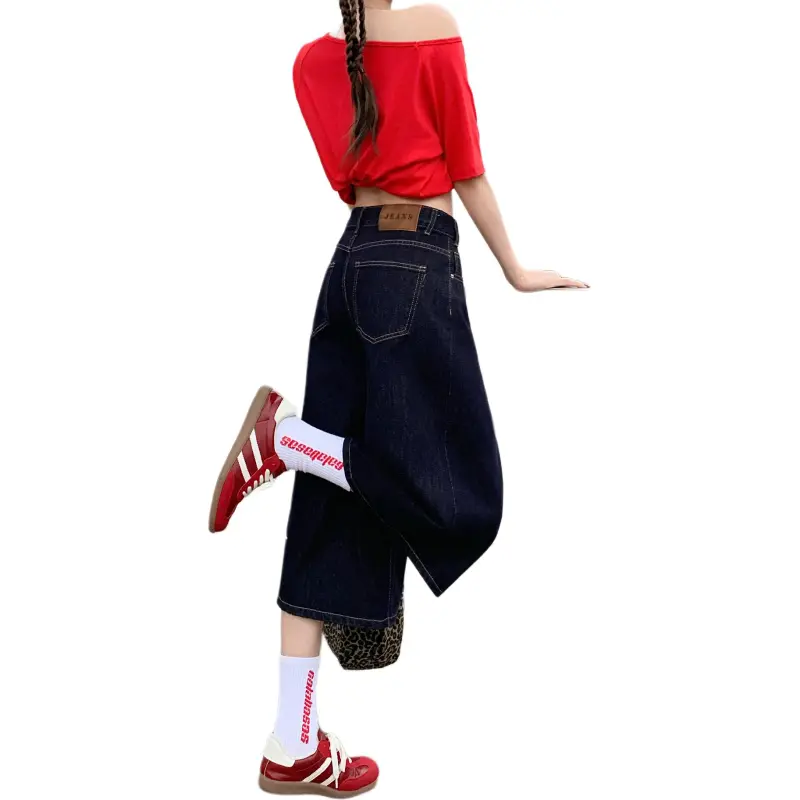 Wen Shan Denim Shorts Women's Dark Blue Capri Pants-1