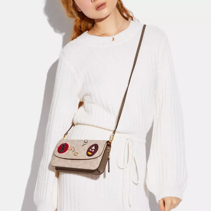 COACH Disney Mickey Collaboration Hayden Canvas With Leather Crossbody Bag Trumpets Women's Milk Tea-4