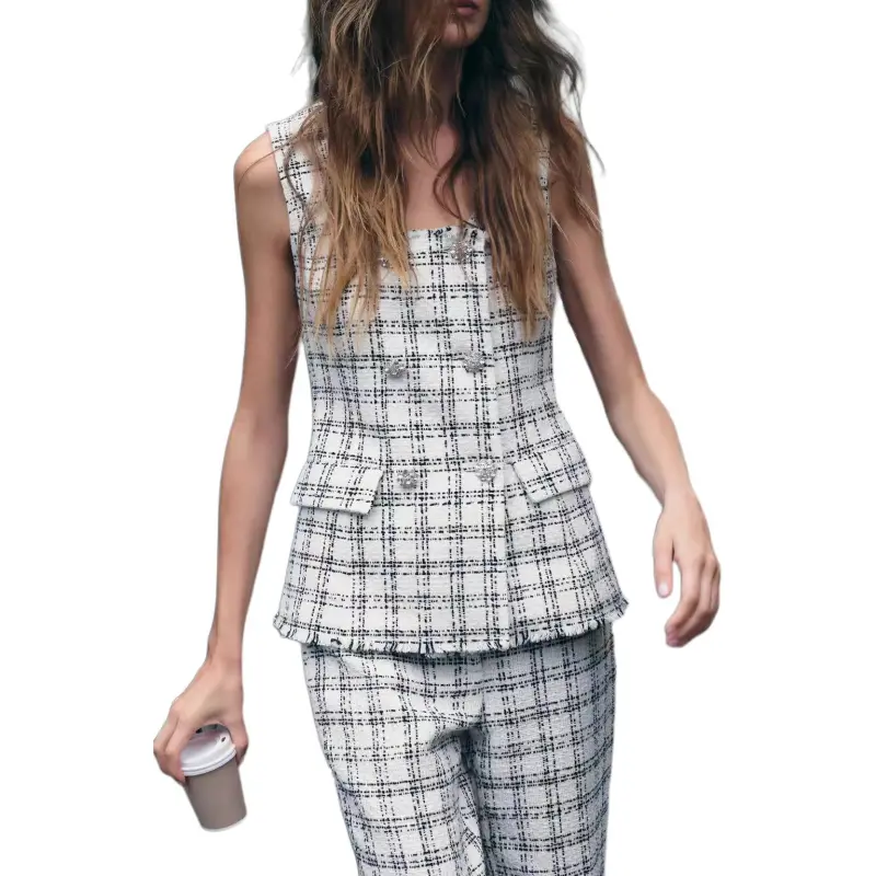 ZARA Vest Women's Black White Plaid-2