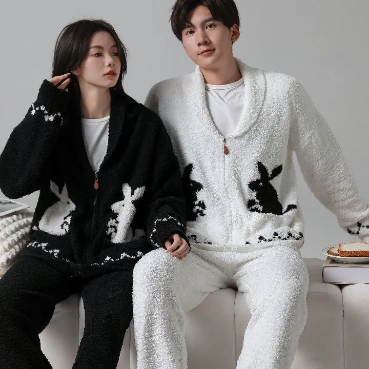 WANANNI Pajama Set For Fall And Winter Unisex Black White-6