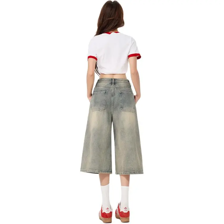 Wen Shan Denim Shorts Women's Vintage Blue Capri Pants-1