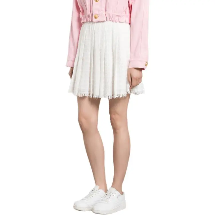 BALMAIN Logo Patch Pleated Tweed Mini Skirt-4
