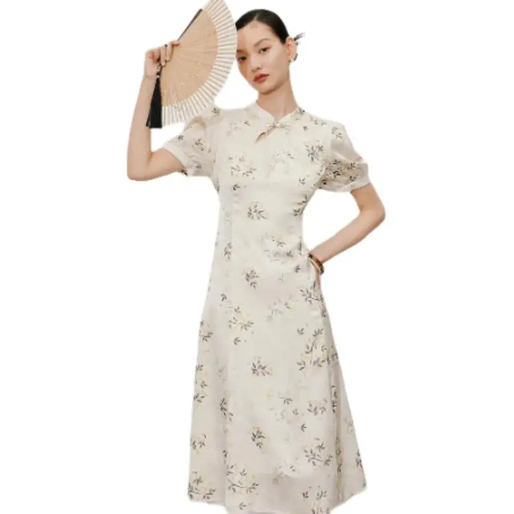 Hopeshow Short-Sleeved Dresses Women's Beige Base With Flowers-3