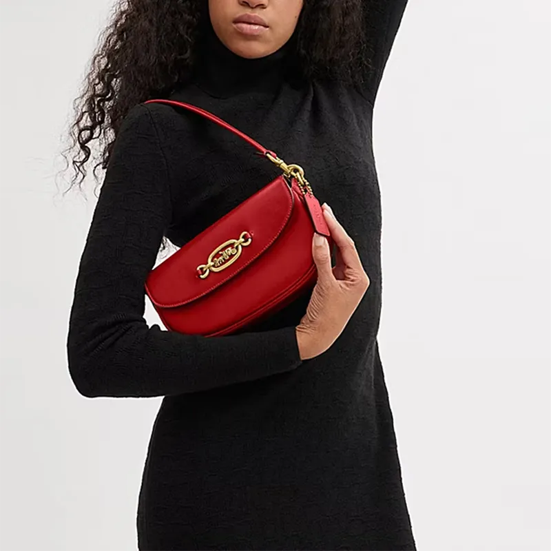 COACH Harley Glove Cow Leather Saddle Bags Shoulder Bags Small Size Women's Red-3