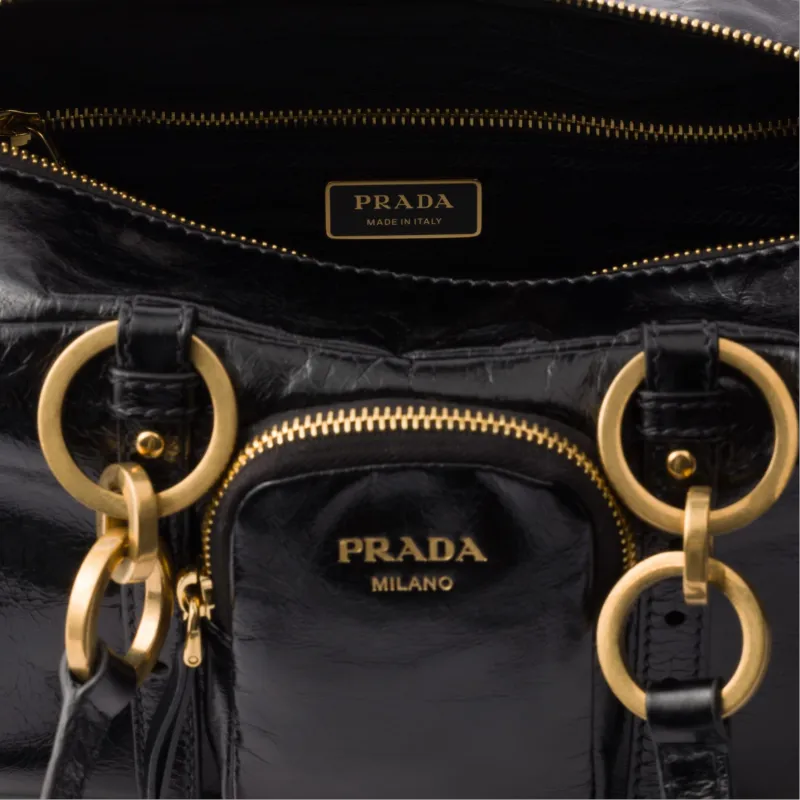 PRADA Cow Leather One Shoulder Handbag Medium Size Women's Black-4