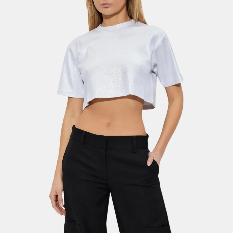 OFF WHITE Logo Embroidered Metallic Cropped Top-3