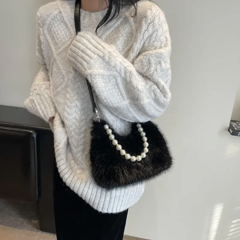 Morellybear Plush Crossbody One Shoulder Handbag Regular Women's Black/Ecru/Khaki/Pink-1