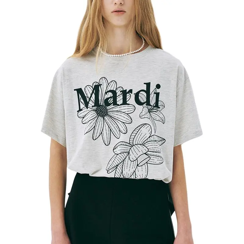 MARDI MERCREDI Three Flowers Collection SS25 T-Shirt Women's Oat Black Korean Style-2
