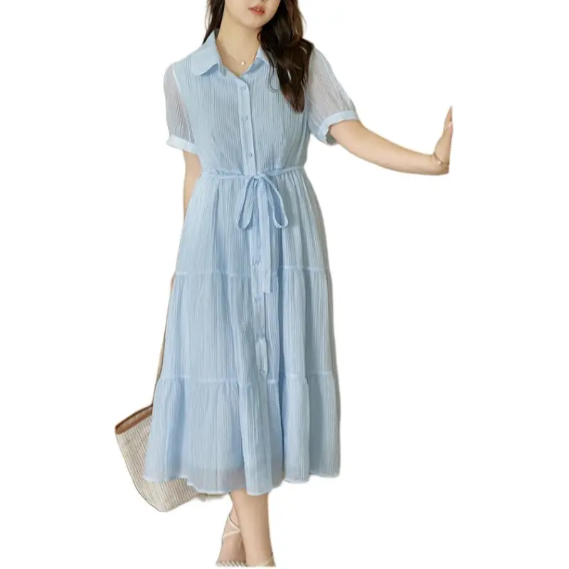 DAMABAIFENBAI Tencel Short Sleeved Dress Women's Blue-3