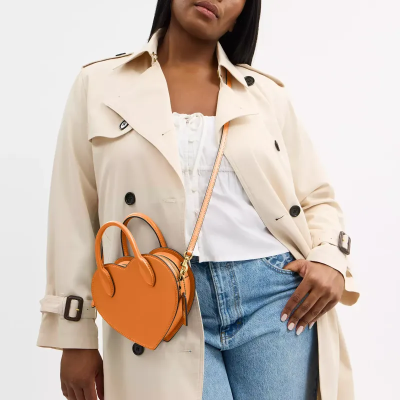 COACH Leather Heart Shaped Bag, One Shoulder Handbag Trumpets Women's Washed Orange-7
