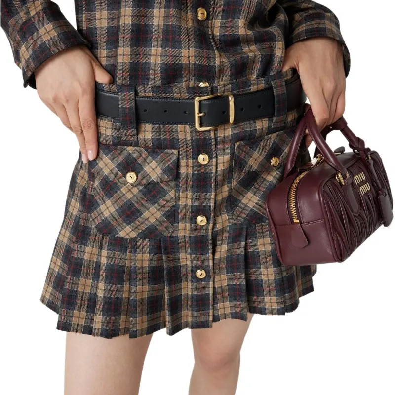 MIU MIU Logo-Embroidered Pleated Tartan Mini Skirt-3