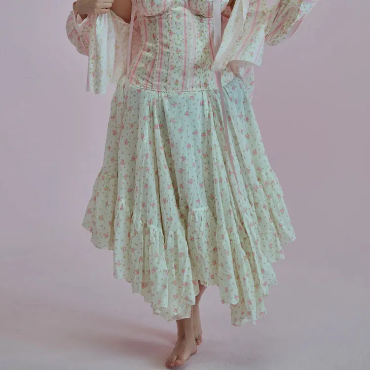 Selkie Collection SS25 Casual Long Skirts Women's White Base With Small Rose Floral Print-1