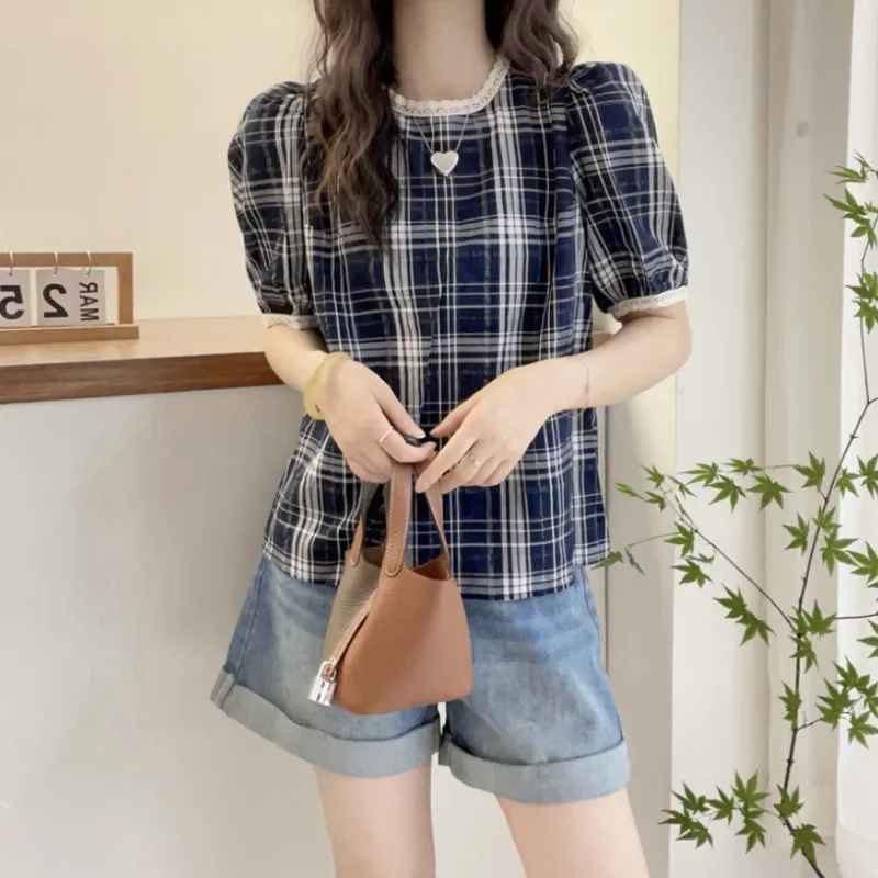 Oudifu Puff Sleeve T Shirt Women's Blue-3