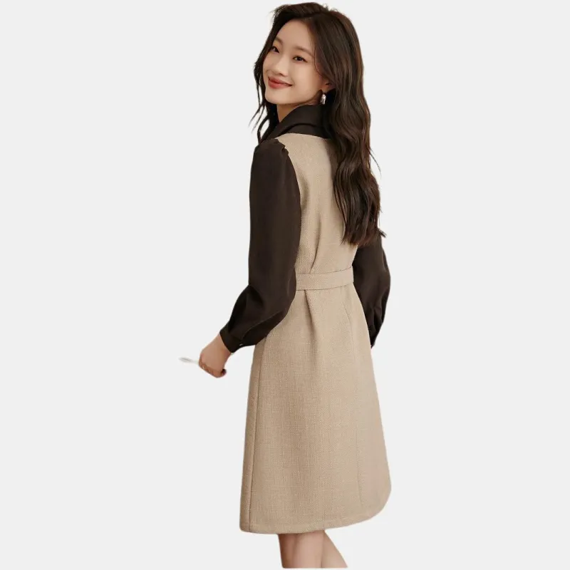 Mo Han Yi Mei Long Sleeved Dress Women's Apricot & Coffee-1