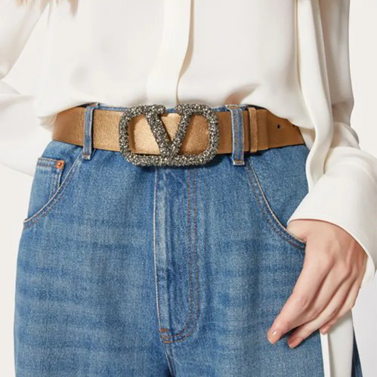 Valentino Trendy Versatile Smooth Buckle Belt Women's Gold Width: 4cm-2