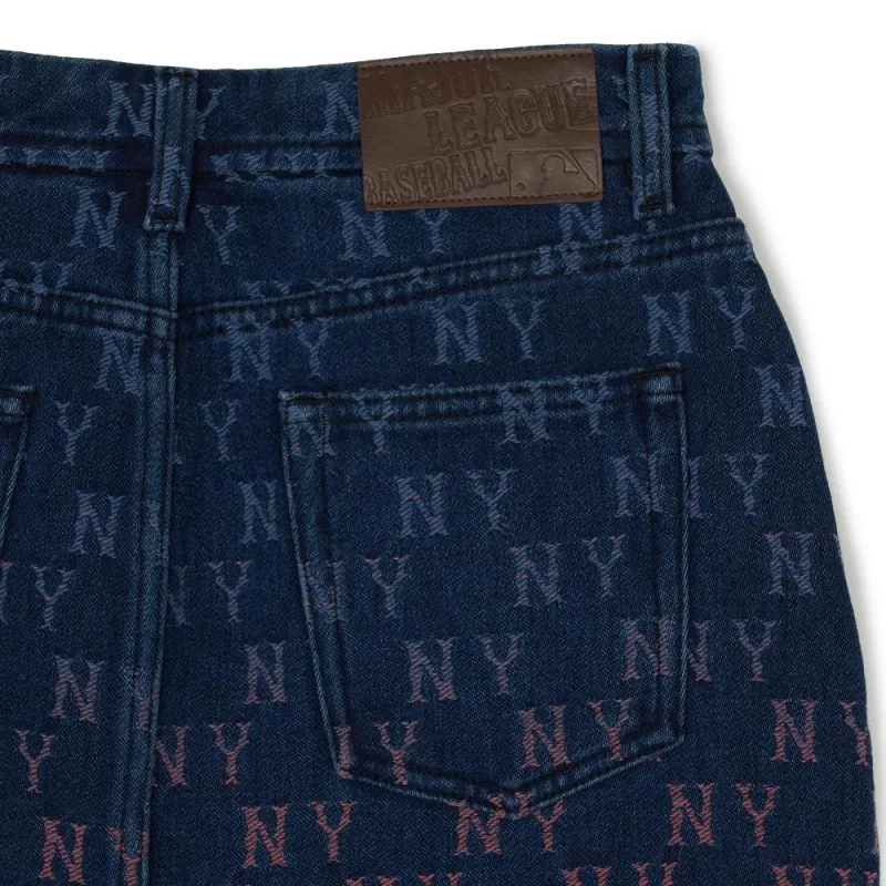 MLB New York Yankees Denim Gradation Jacquard Monogram New York Yankees Denim Denim Short Skirts Women's Blue-6