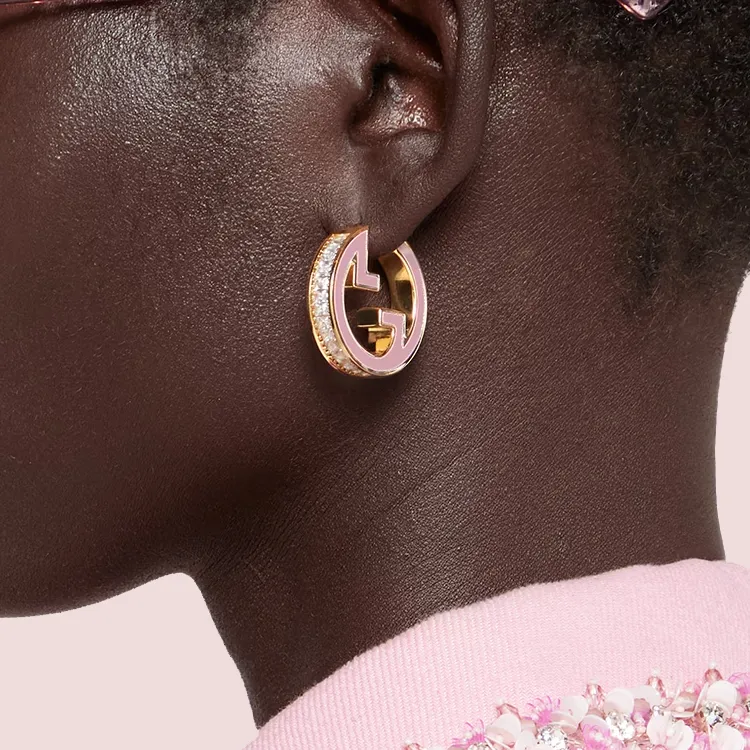 GUCCI Brass, Enamel, Crystal Earrings Unisex Pink-2