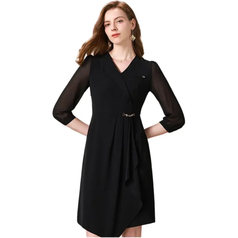 FENHONGMALI Long Sleeved Dress Women's Black-4